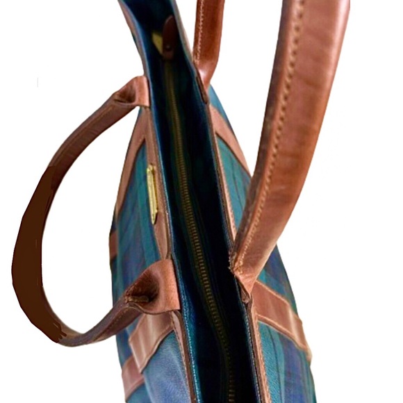 MRALPH LAUREN Black Watch Plaid Coated Canvas Brown
Leather Top Zip Shoulder Bag - Picture 6 of 16